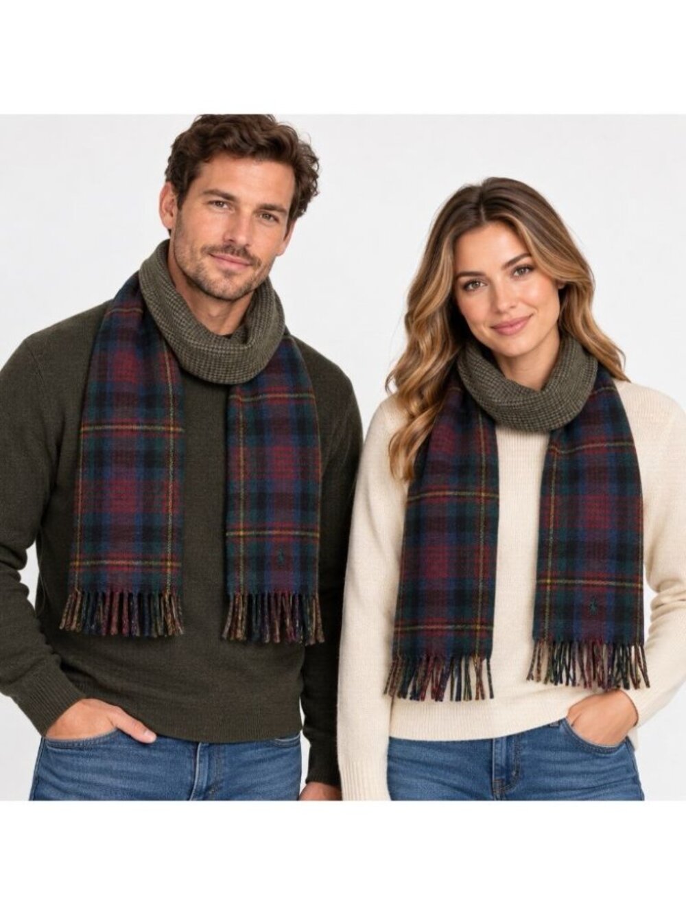 Polo Ralph Lauren Mens Green Plaid Wool Blend Fringe Scarf Reversible